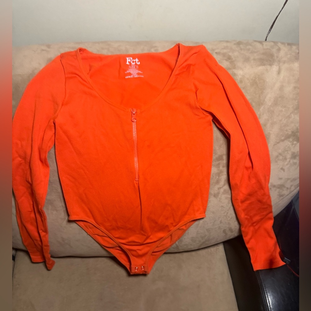 Women's Size Medium Neon Orange ZipUp long Sleeve Bodysuit